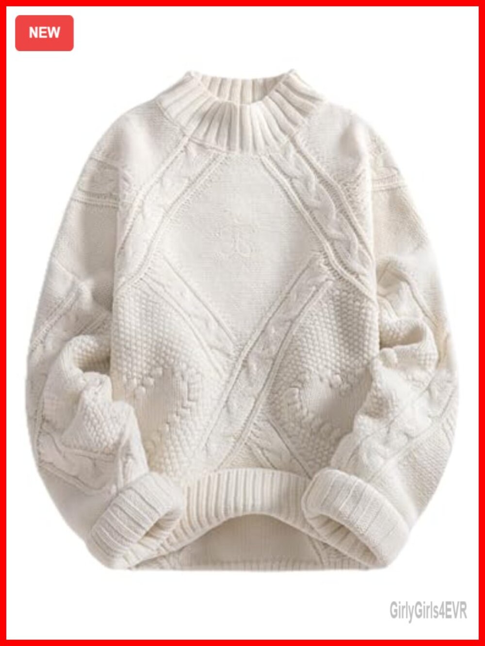 Oversized Cable Knit Chunky Sweater Mock Neck Long Sleeve Heart Knit Pullover